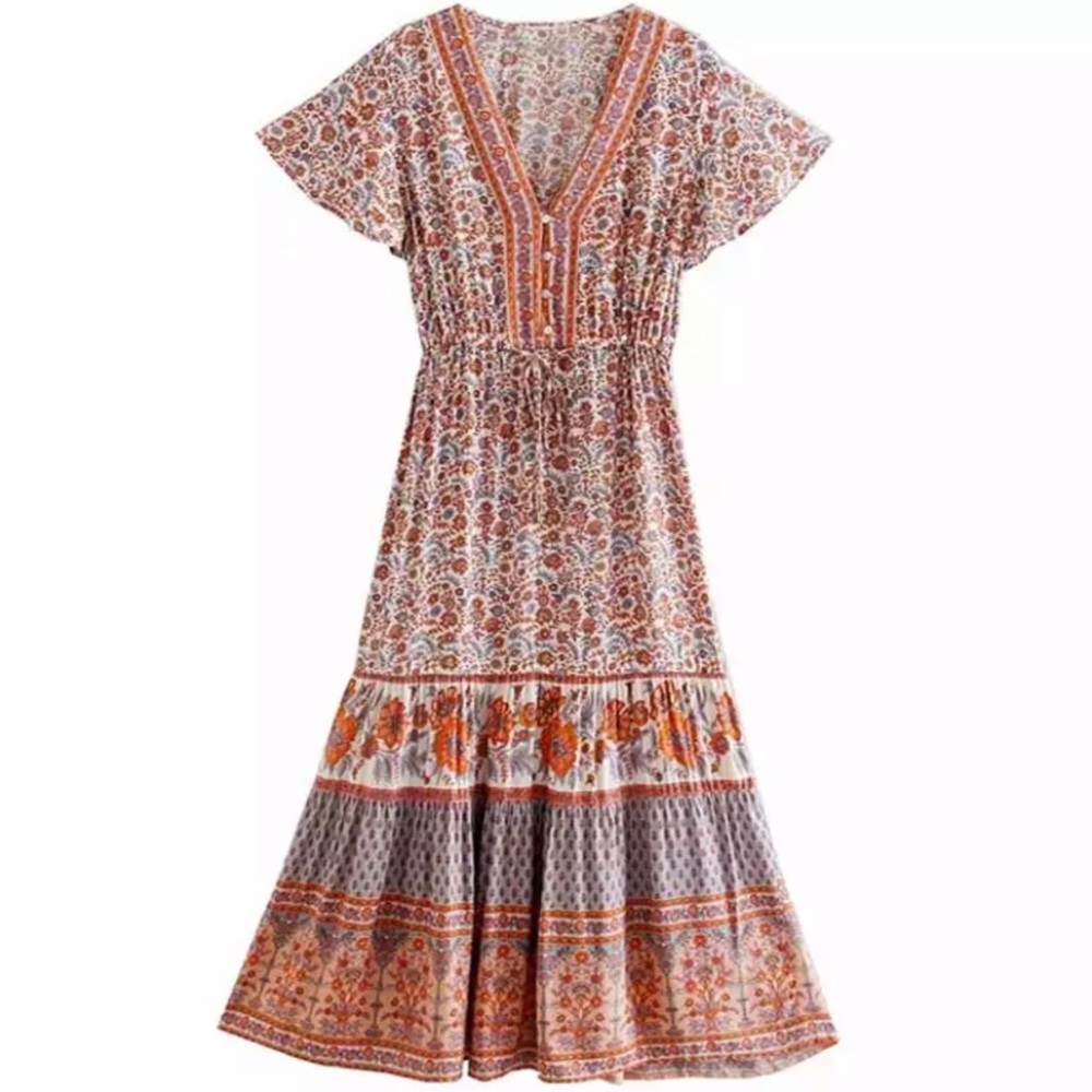 Boho Gypsy Short Flutter Sleeve Floral Dress - Picture 4 of 5